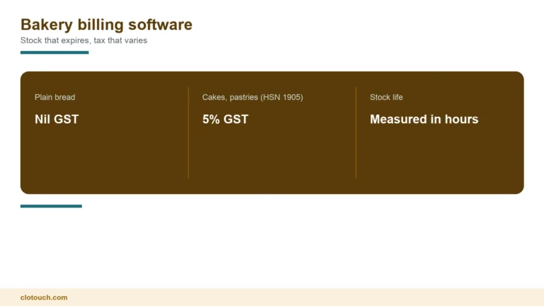 Bakery billing software running at an Indian bakery counter with cakes, pastries and a weighing scale