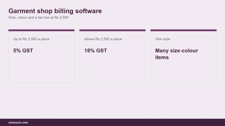 Garment shop billing software at an Indian clothing store counter showing a size and colour stock matrix