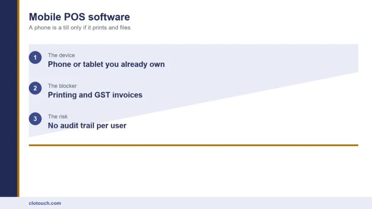 Mobile POS software running on a tablet used as a billing counter in a small shop