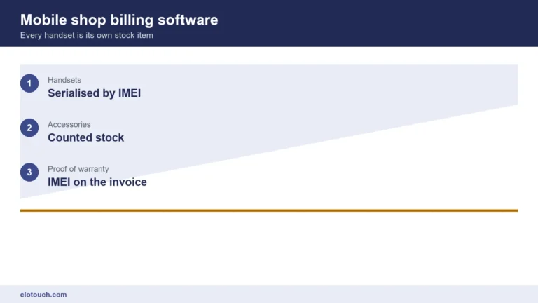 Mobile shop billing software at an Indian phone store counter capturing an IMEI number during billing