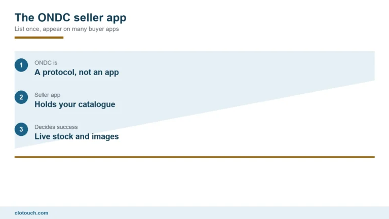 ONDC seller app connecting an Indian shop catalogue to multiple buyer apps on the open network