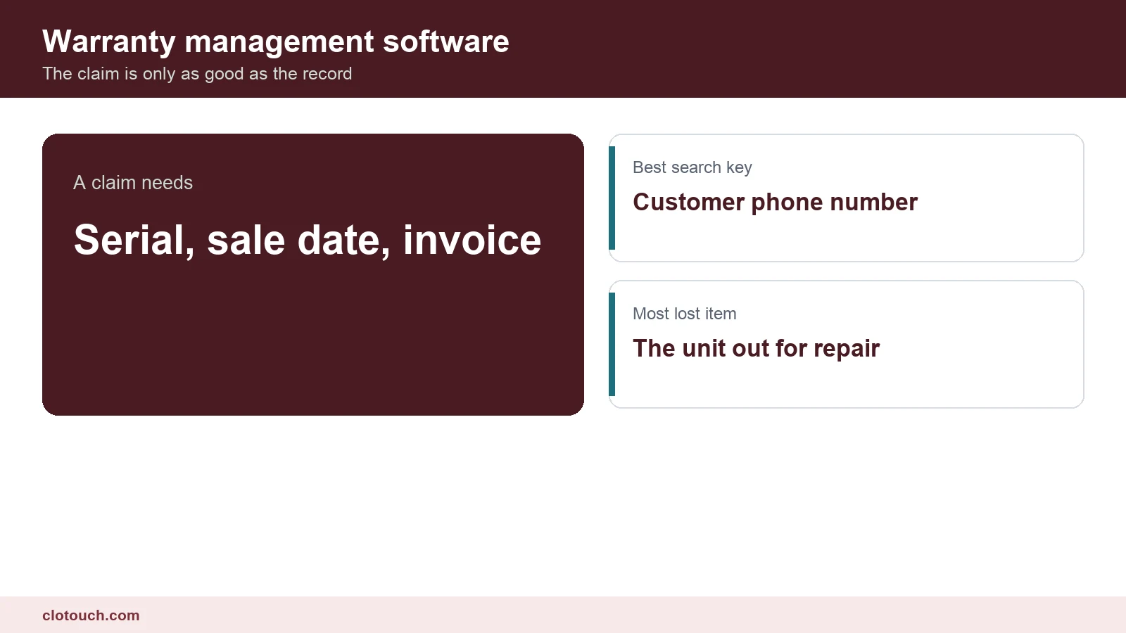 Warranty management software showing a retail claim record matched to a serial number and original invoice