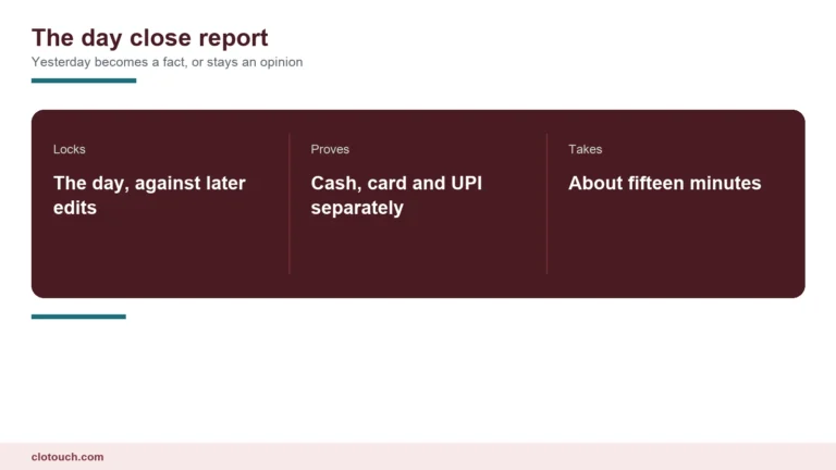 Day close report at a shop counter showing sales by tender, cash counted and the till locked for the day