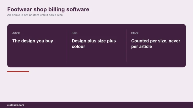 Footwear shop billing software at a counter showing an article split into sizes and colours