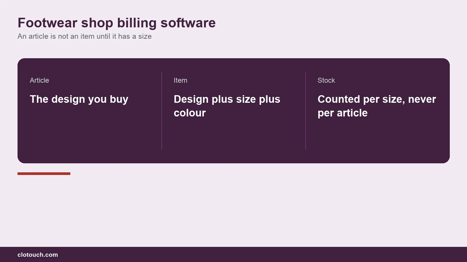 Footwear shop billing software at a counter showing an article split into sizes and colours