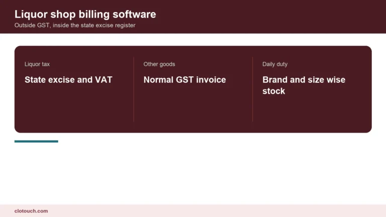 Liquor shop billing software at a retail counter showing brand-wise stock and an excise register entry