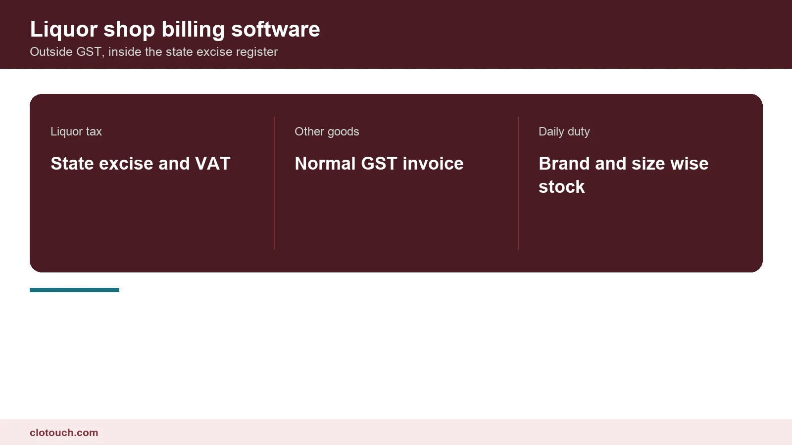 Liquor shop billing software at a retail counter showing brand-wise stock and an excise register entry