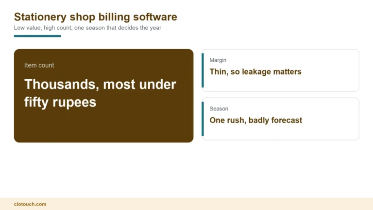 Stationery shop billing software handling small items, school lists and a seasonal counter rush